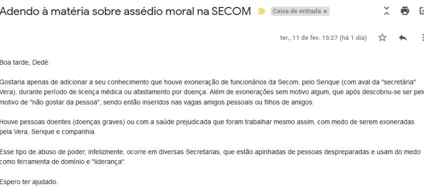  Denúncias sobre assédio moral na Secom continuam a chegar a este site